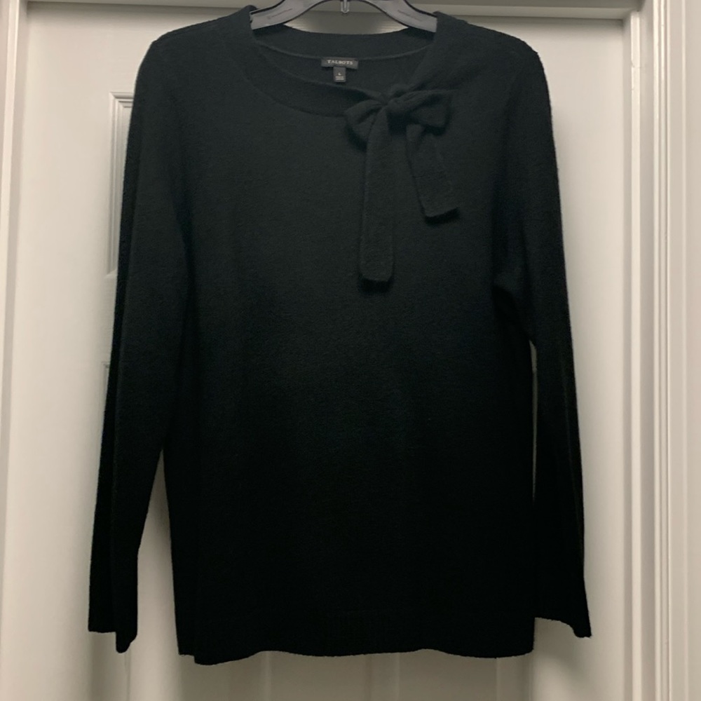 NWT Talbots Sz L black sweater with tie bow at neck